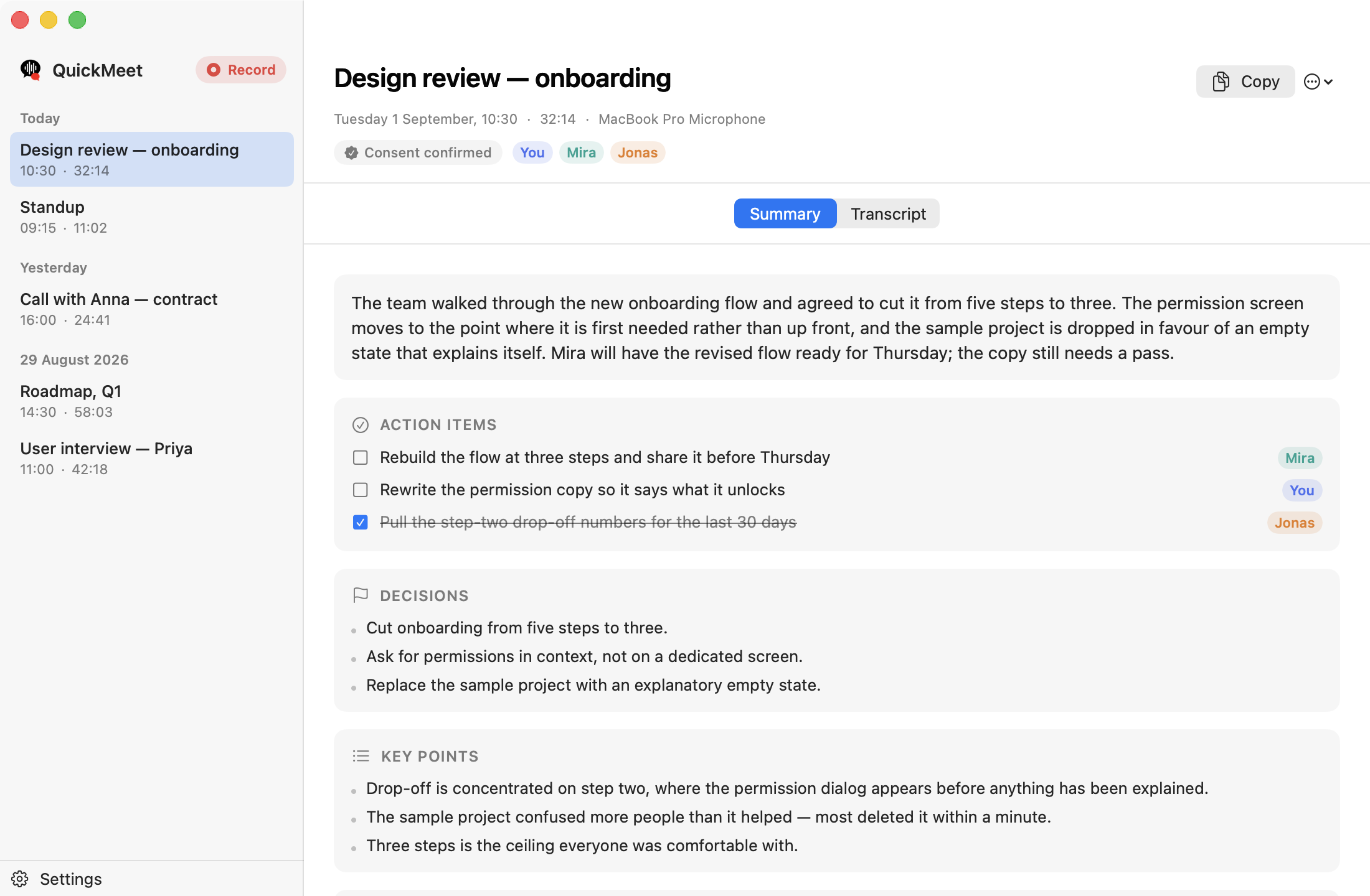 The QuickMeet window showing a meeting's summary, action items with owners, and decisions